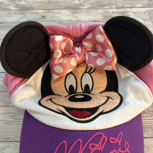 Disney Minnie Mouse Infant Toddler Purple Pink Baseball Hat with Bow and Ears - Picture 2 of 5